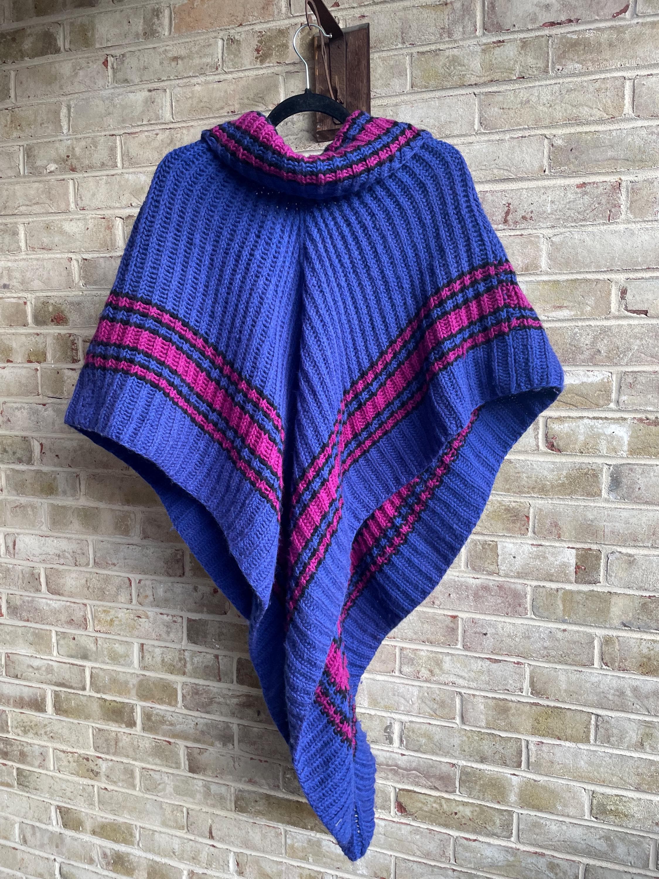 Vintage Poncho 1980 80s Handmade Homemade Purple Pink Black Hippie