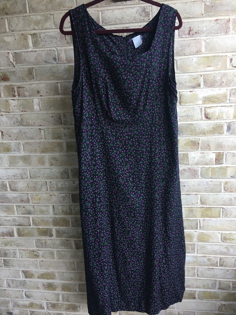Plus size vintage dress boho bohemian grunge tank violets purple on black 1990 90s rayon size 16 18 xl 1x 2x