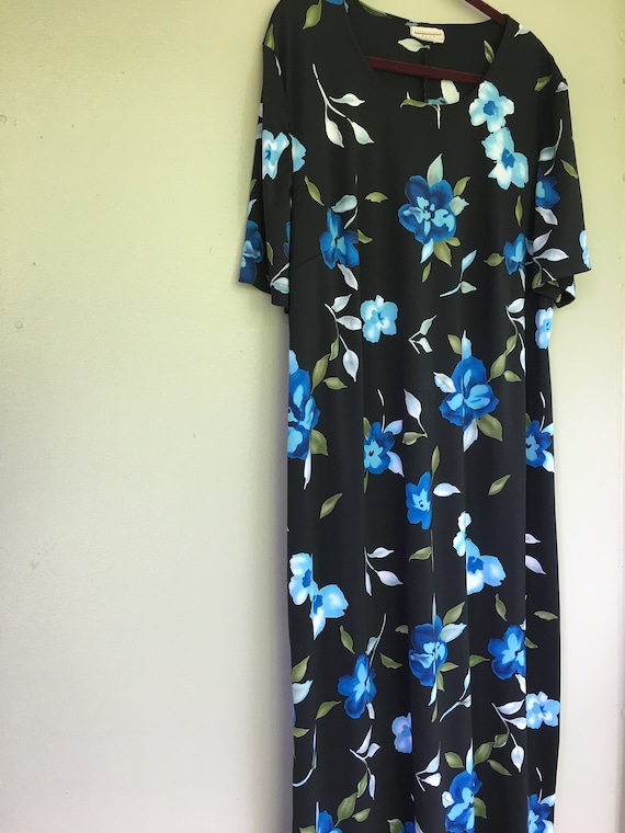 Plus size dress 1990 90s aqua blue flowers on black s… - Gem