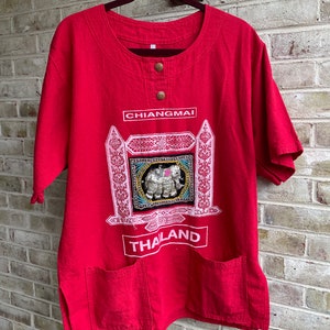 Vintage shirt blouse top souvenir Thailand elephant 1980 80s red bling size large 12 14