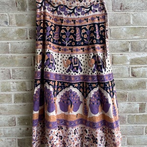 Vintage skirt 1990s cotton block print elephant, peacocks, Boho bohemian hippie hippy small medium