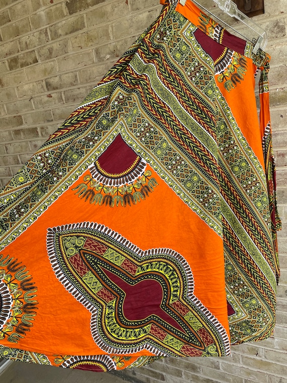 Vintage skirt orange dashiki wrap skirt cotton bo… - image 1