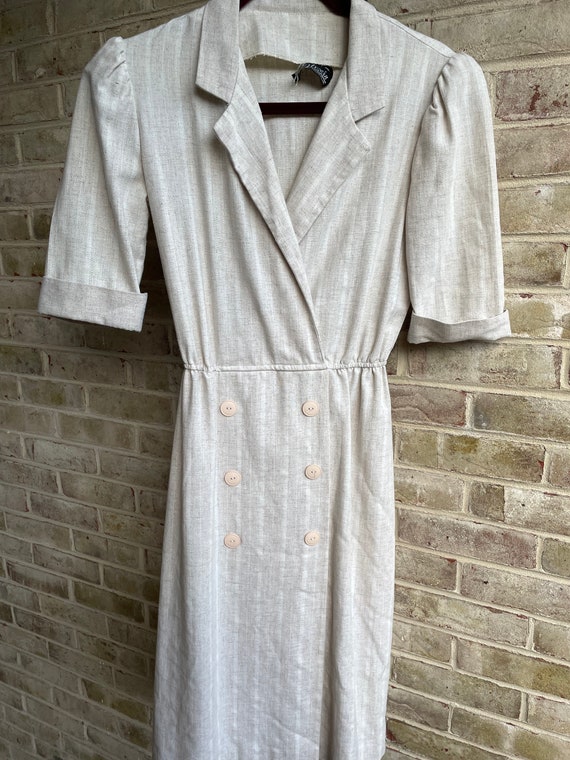 Vintage dress 1980 khaki linen•like material prep… - image 2