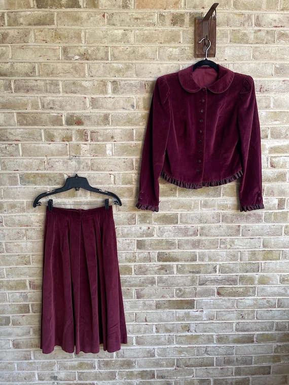 vintage suit set 1970 70s skirt blazer cranberry velvet cotton boho bohemian preppy size xs