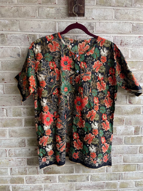 Vintage shirt blouse batik cotton top Henley style