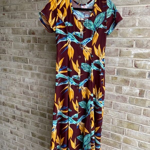 vintage dress 1990 90s burgundy gold banana bird of paradise rayon sundress 1990 90s Mango Moon small