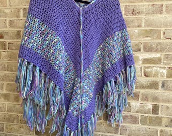 Vintage poncho crochet handknit 80s 1980 purple tassel pom pom hippie hippy