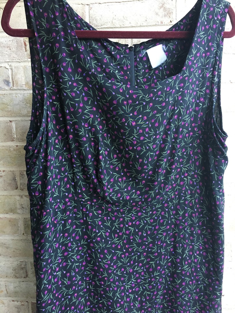 Plus size vintage dress boho bohemian grunge tank violets purple on black 1990 90s rayon size 16 18 xl 1x 2x