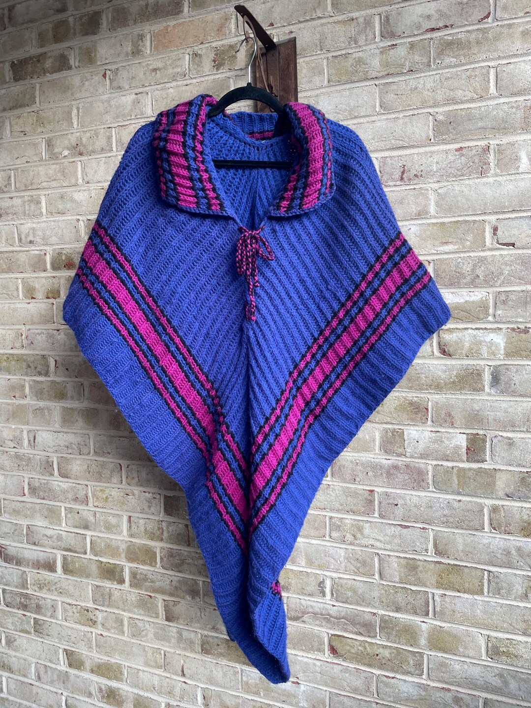 Vintage Poncho 1980 80s Handmade Homemade Purple Pink Black Hippie