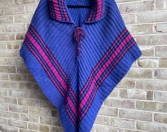 Vintage Poncho 1980 80s Handmade Homemade Purple Pink Black Hippie