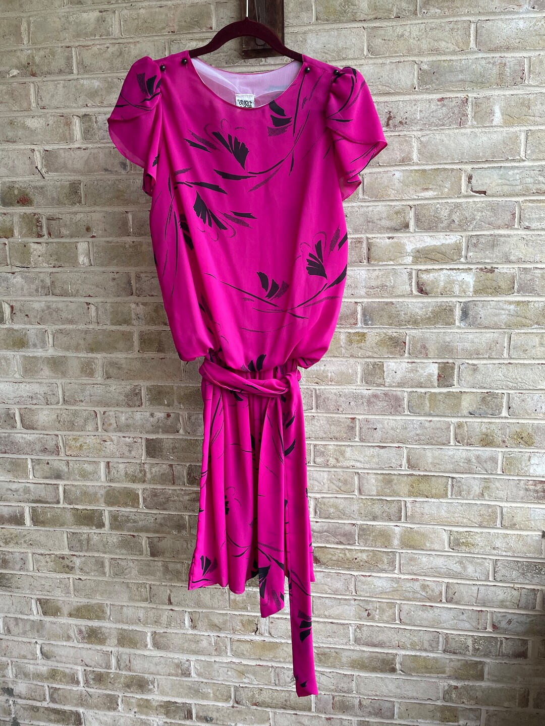 Vintage Dress 1980 80s Valley Girl Party Dress Hot Pink Geometric Black Size Medium 8 10 Etsy