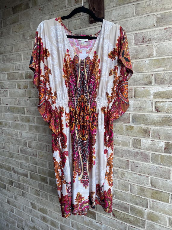 blue dress for baby girl Sunny Angela Women's Bohemian Printed Split Neck Long Sleeve A-Line Mini Dress