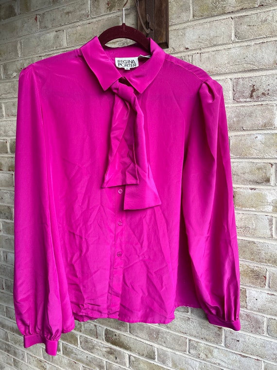 Plus size vintage blouse magenta bow 1990 90s boh… - image 2