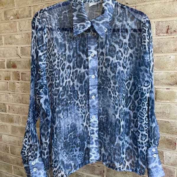 Plus size vintage blouse shirt 1990 90s Y2K mall culture sheer blue leopard animal print Oxford size xl large 12 14 16