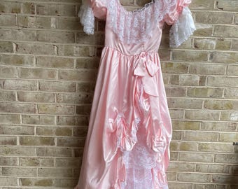vintage dress 1980 80s pink satin lace princess dreamy prom union tags Zum Zum 5 6 small