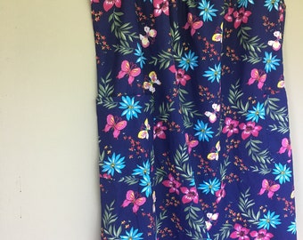 Plus size vintage dress butterfly navy blue floral pattern cotton poly sundress made in India Only Neccesities 1980 beauty