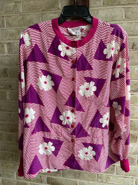 Vintage top jacket hot pink sweater 1970 70s card… - image 1
