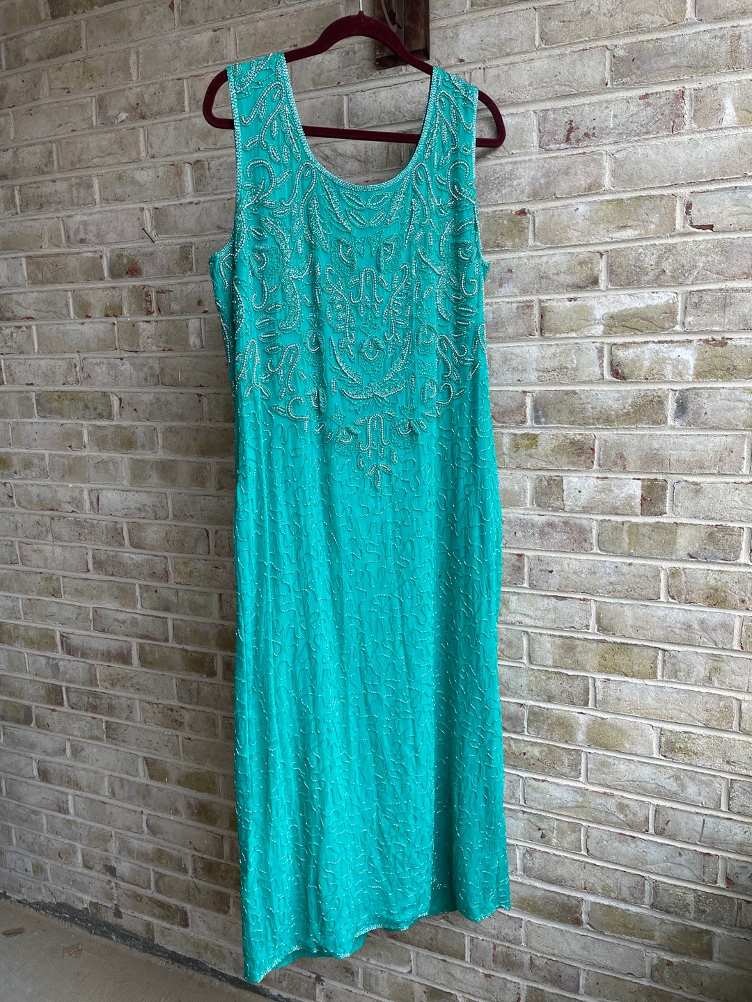 Plus Size Vintage Beaded Gown Silk Teal Sequin Sparkle Sleeveless ...