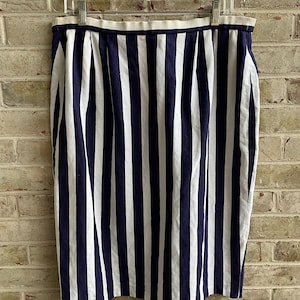 Vintage skirt linen stripe navy blue white boho preppy 1980 80s size 12 14 large