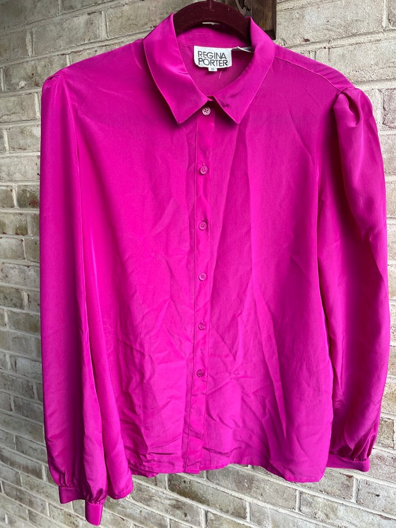 Plus size vintage blouse magenta bow 1990 90s boh… - image 6