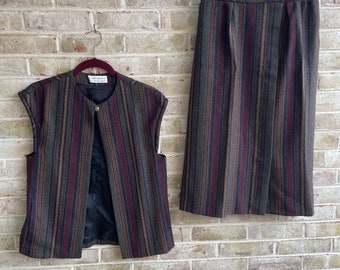 Vintage skirt vest set wool 1980 80s preppy boho bohemian small medium