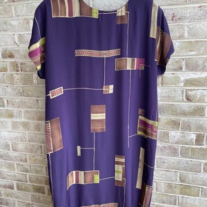 Vintage dress silk Jones New York shift mini boho bohemian eggplant geometric print size 12 large