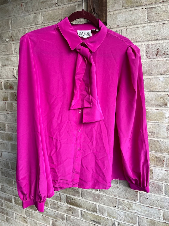 Plus size vintage blouse magenta bow 1990 90s boh… - image 1