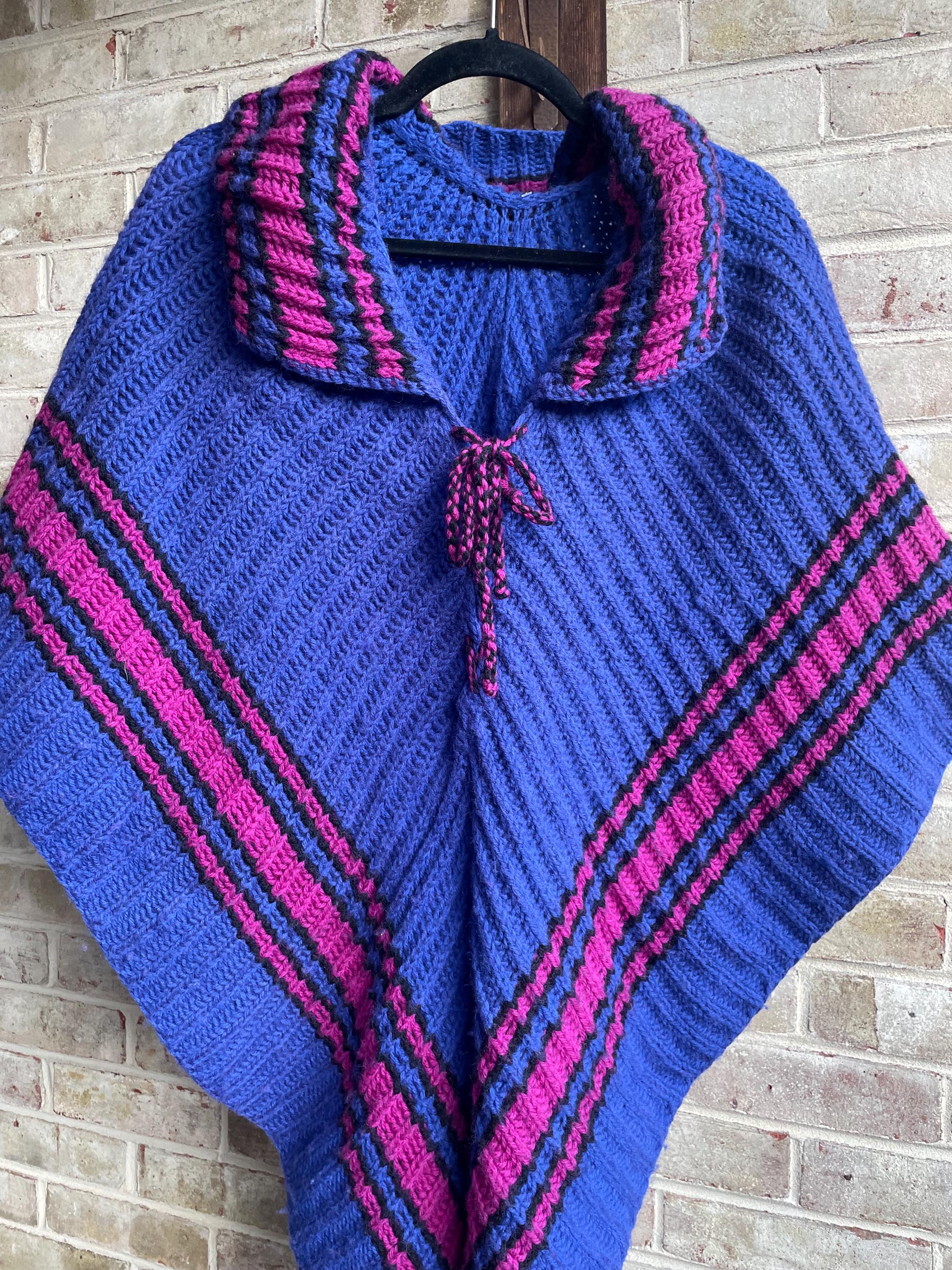Vintage Poncho 1980 80s Handmade Homemade Purple Pink Black Hippie