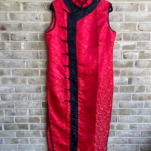 vintage dress 1980 80s satin red black dragon medium