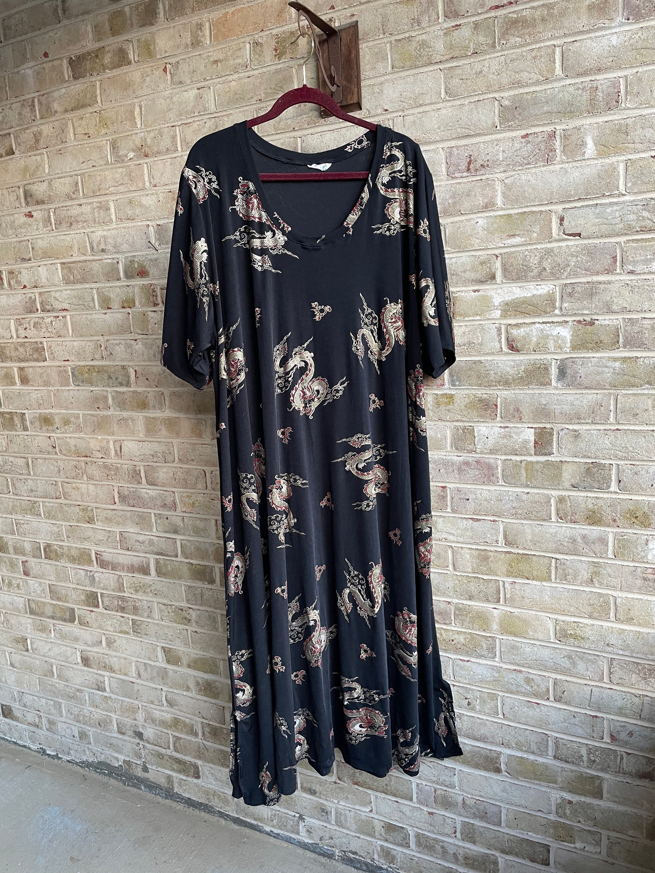 Plus Size Vintage Dress Dragon Gold Slinky Black Boho Bohemian