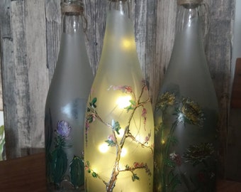 Decorative bottle, lamp, fairy lights, floral pattern, bottle with fairy lights