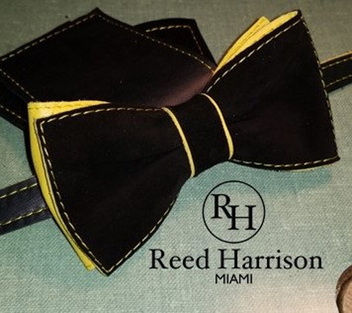 Tuxedo Bow Tie Tux Bowtie in Black Suede with yellow leather Etsy