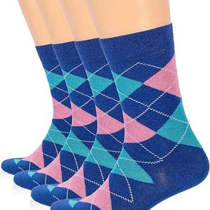 Women Argyle Crew Socks, Business Casual Cotton Dress, 4 Pairs, Non-Binding Diabetic Friendly Design, Gift For Mom Trendy Everyday Style