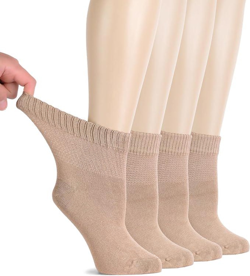 Women's Bamboo Diabetic Ankle Socks, Sizes 6-12, 4-Pair All Season Beige