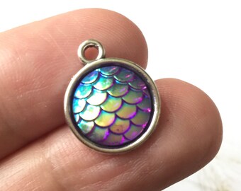 Mermaid Fish  Dragon Scales Round Dangle Charm  Mother of Pearl Tones  Spacer-Dual Sides Fits all Designer and European charm bracelet