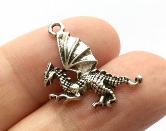 Silver Dragon Charm or Pendant for Dragon Jewelry, Necklace, Earrings, Bracelet, Keychain, Accessories; Sci Fi; Fantasy