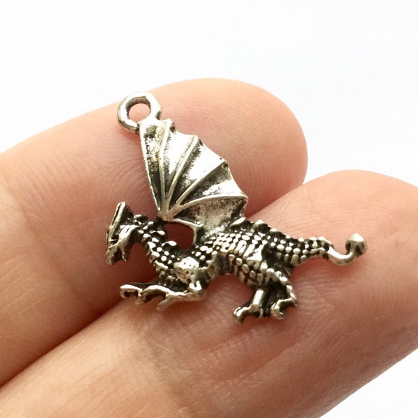 Silver Dragon Charm or Pendant for Dragon Jewelry, Necklace, Earrings, Bracelet, Keychain, Accessories; Sci Fi; Fantasy