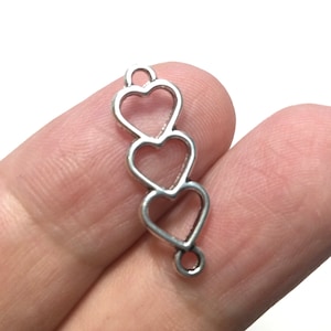 Silver Triple Heart Connector Charm with Two Loops, Cute Heart Charm, Love Charms for Pendants, Necklaces, Earrings, Bracelets