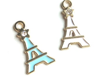 Blue or White Enamel Eiffel Tower Charms with Crystal for Jewelry, Necklace, Keychain, Accessories, France or Paris Souvenir