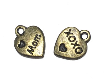 Small Bronze Reversible Mom and XO Heart Charms, Gift for Mom, Mom Jewelry, Mom Bracelet, Mother's Day Gift for Mom, Birthday Gift for Mom