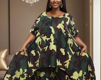 Dames 2-delige broekset Camouflage elegante jurk met zomerse korte mouwen, bijpassende hoofddoek, 2 zijzakken - One Size Fits Most