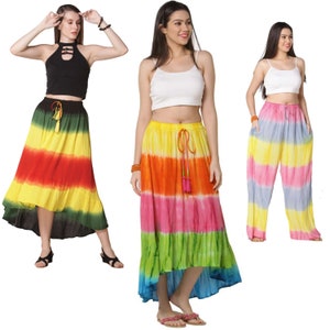 Tie Dye Midi High-low flowy Skirt & Pants Rasta Prints and Tie-Dye Prints With Side Pockets Tie Dye Maxi Skirt Tulip Pants and Regular Pants