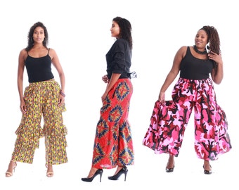 Women's Wide Leg Loose African Ankara Print Pants Authentic Palazzo wide leg pant with big side pockets Africa Print Pants