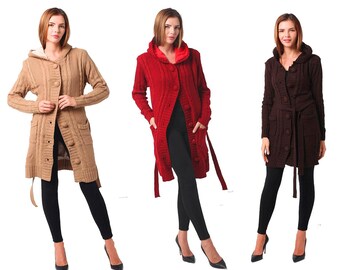 Women Classic Button Sweater Long Sleeve Down Pocket Knit Long Cardigan Sweater Coat With Belt