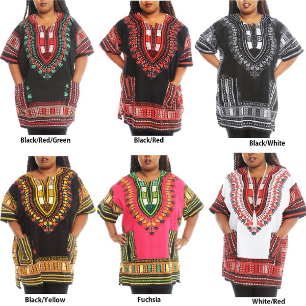 Unisex African Dashiki Tunic Top in Traditional Dashiki Pattern With Wide Elbow Summer Tops - One Size Fits Most