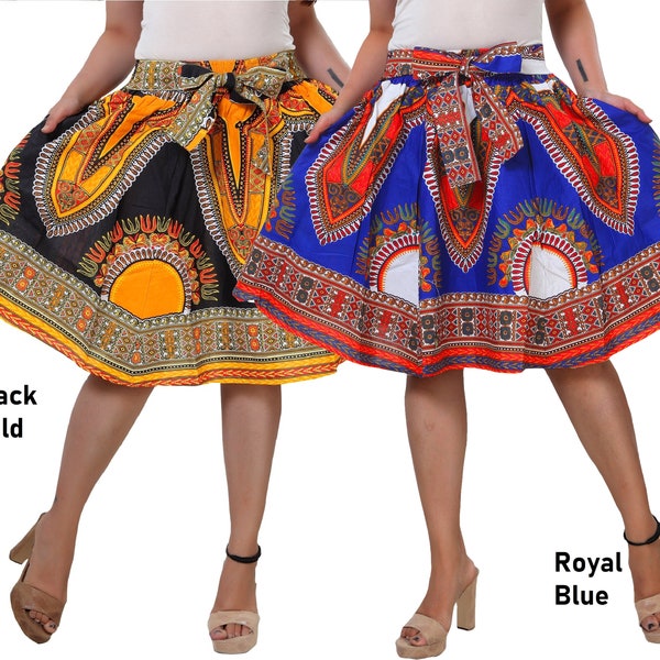 Ankara Skirt 100% Cotton Dashiki Print Authentic African Wax Side Pockets Elastic Waist High Waist Pleated Maxi Skirt - One Size Fits Most