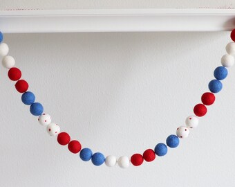 Red, White, Blue Felt Ball Garland - Fourth of July Felt Garland - Patriotic Mantel Garland - Party Decor Patriotic - Memorial Day Decor