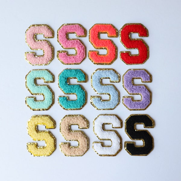 2" Stick On Gold Varsity Letter Chenille Sticker Patches, Glitter Varsity Patch, Chenille Patch - Chenille Letter - Adhesive Chenille Patch