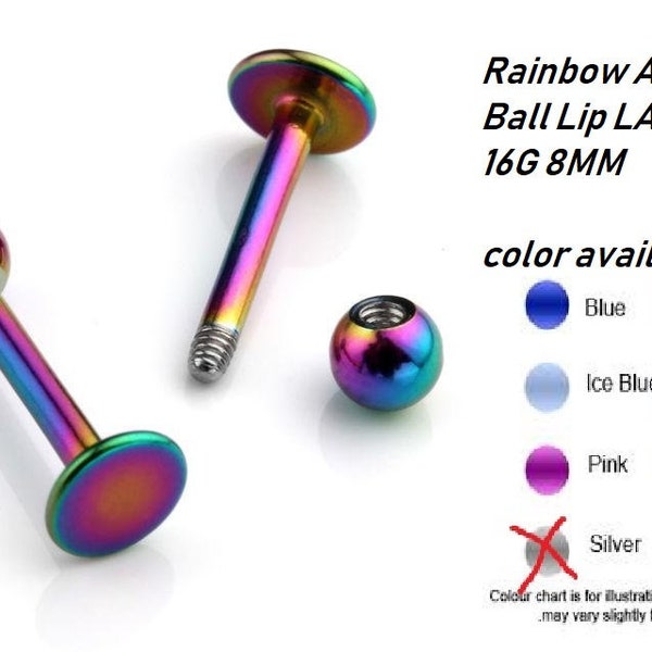 Rainbow Anodizes Ball Lip LABRET BAR 16G 8MM-- buy 1 get free gift