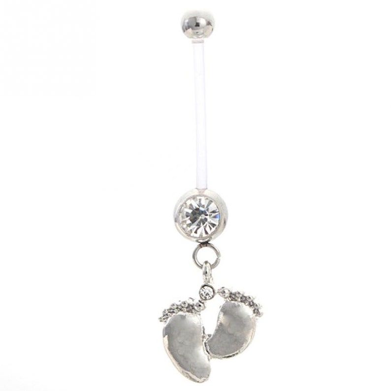 Pregnancy Belly Button Ring Silvertone BABY FEET Pink Gems 14 Etsy
